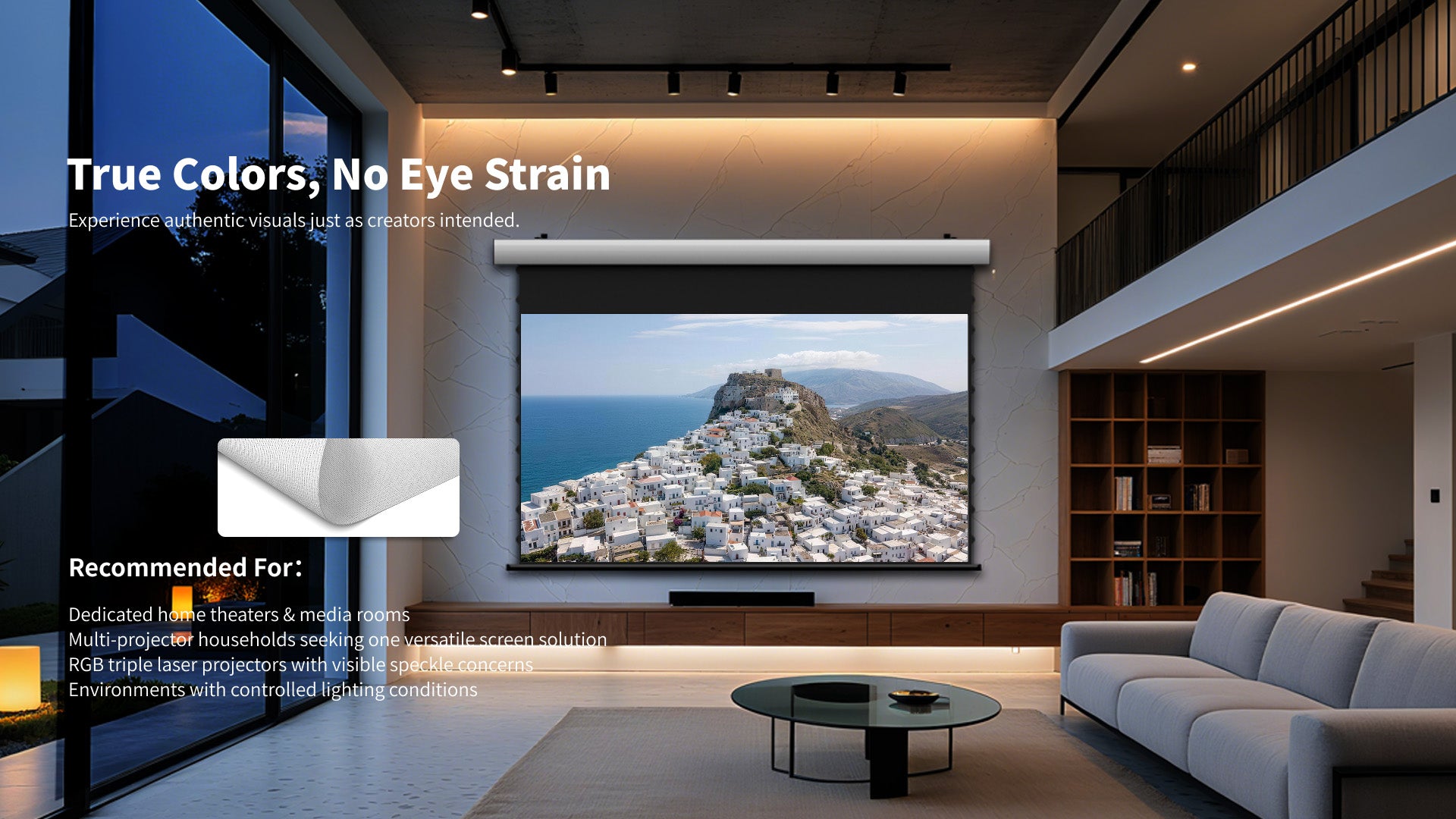 WUPRO Cinema FlowArc woven tab-tensioned acoustically transparent motorized drop down projector screen for natural colors and reduced speckle with RGB triple laser projectors
