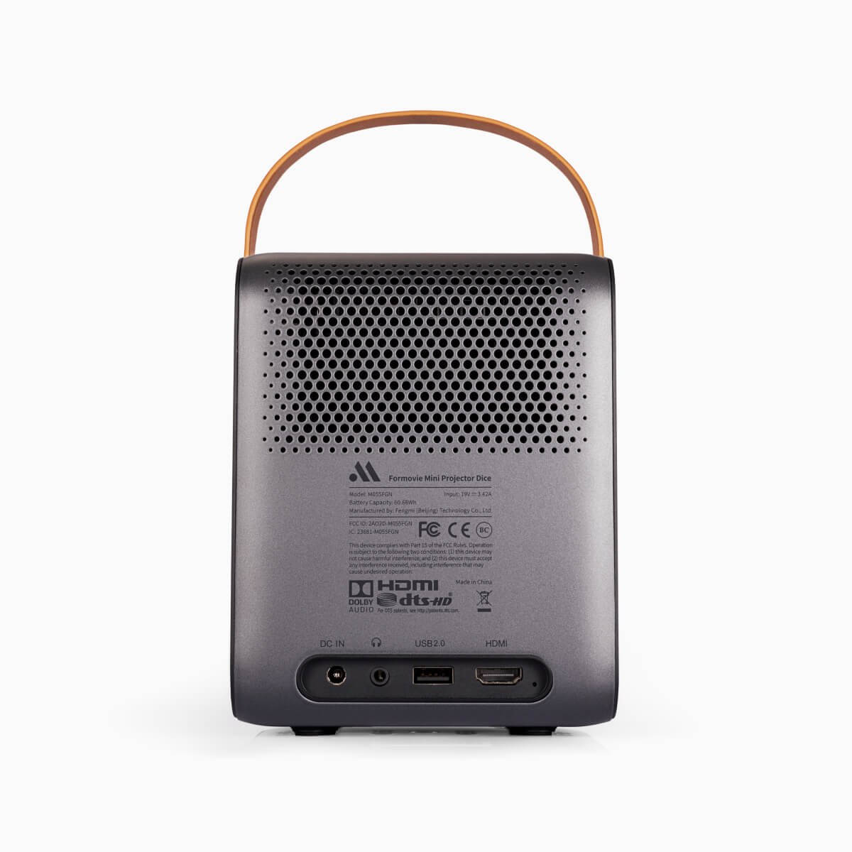 Formovie Dice projector back, multiple interface design, meet a variety of connection needs. FCC and CE certification, quality assurance.