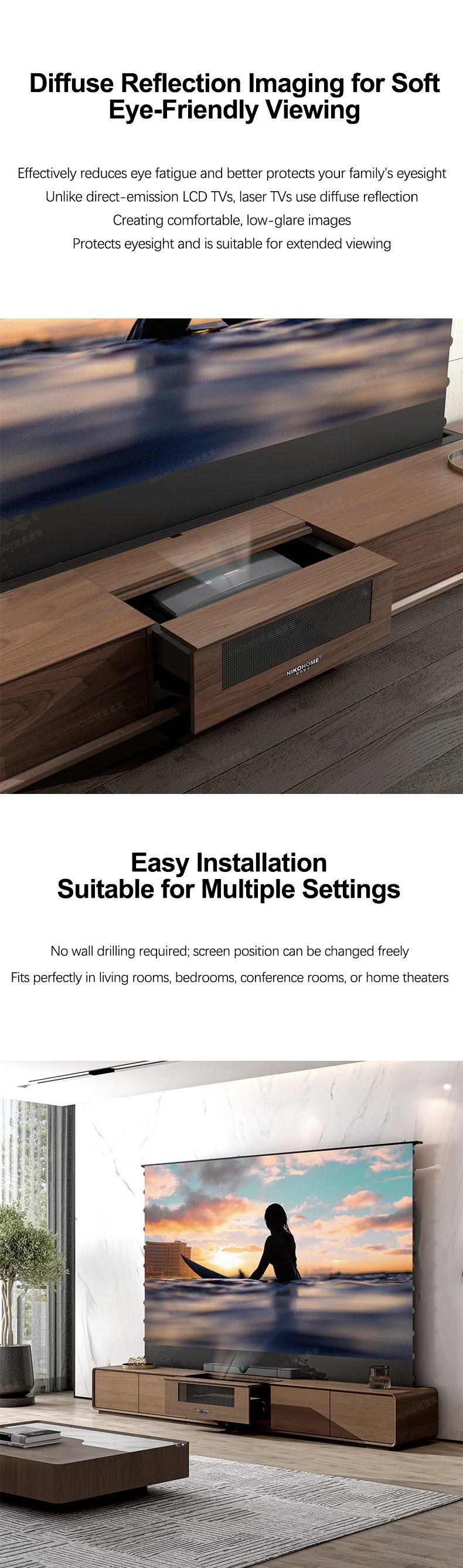 Diffuse Reflection Laser TV Screen, Soft Eye-Friendly Viewing, Easy Installation, Low-Glare, Suitable for Multiple Rooms