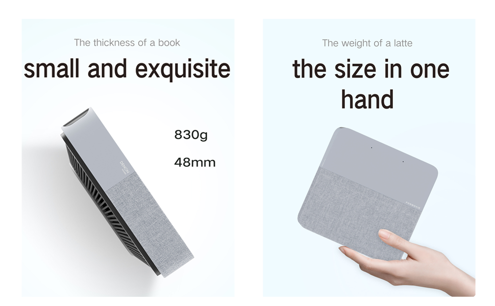 Compact size: the thickness of a book, the weight of a latte, small enough to fit in one hand.