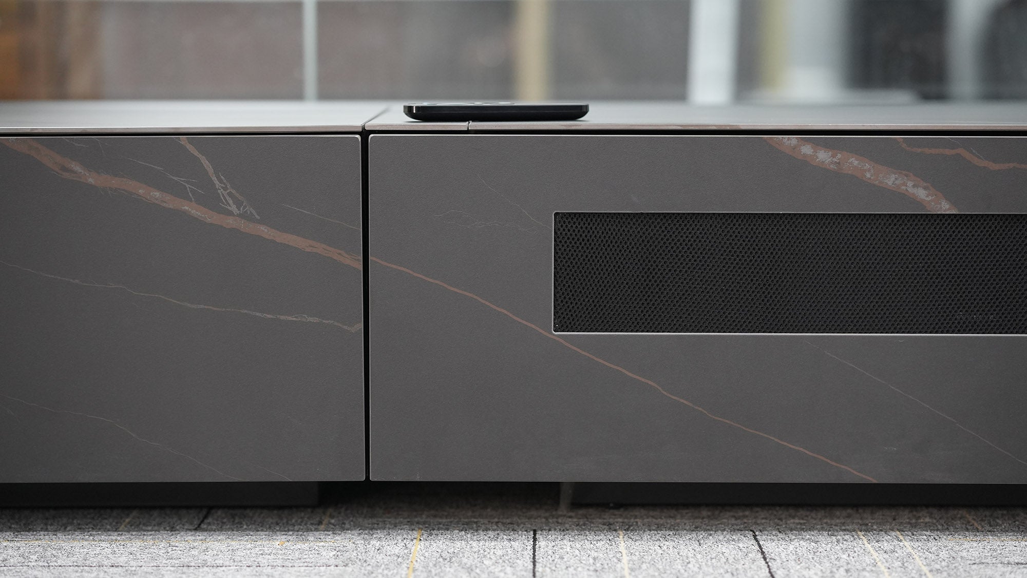 WUPRO Cinema Rock Panel Customisable Laser TV Cabinet for UST Projector Black and Gold Details Actual Photo