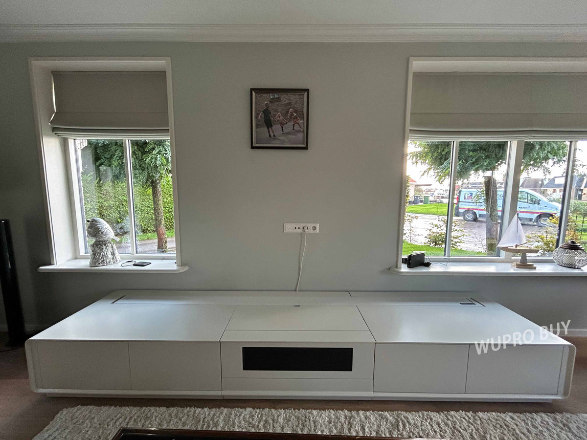 Custom cream WUPRO NIKOHOME Phantom5 laser TV cabinet (3000 × 700 × 400 mm) paired with a 120-inch LeApex CBSP CLR motorized floor-rising screen for UST projectors in a customer’s living room.