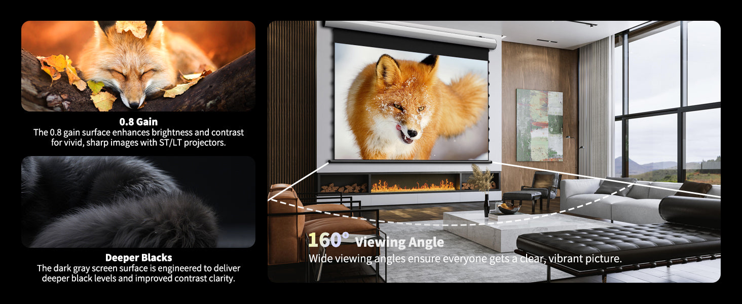 WUPRO Cinema FlowArc Luxury Anti-ambient light Motorized Drop Down Projector Screen For Long Throw —Highlights of Black Crystal Material:Excellent resistance to ambient light, superior black level, contrast ratio
