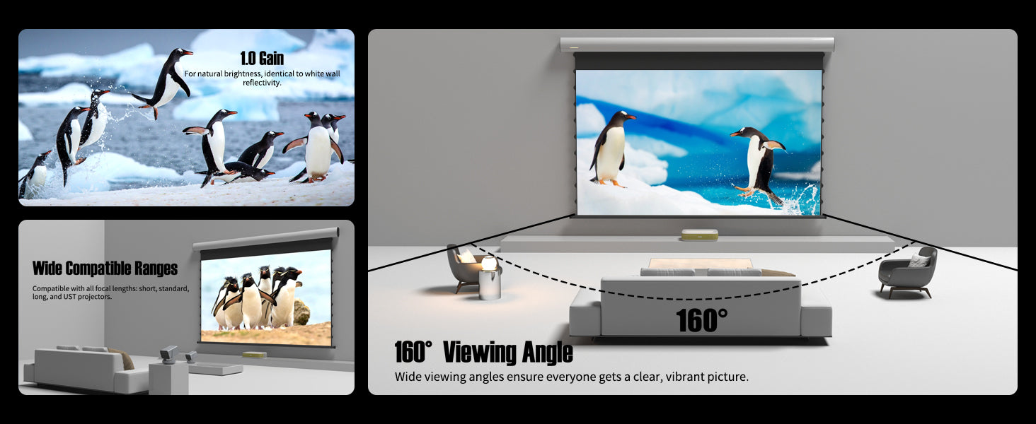 WUPRO Cinema Luxury FlowArc Smart Motorized Drop-Down Projector Screen with Soft White Matte Fabric, 1.0 Gain, Compatible with Short Throw, Standard Throw, Long Throw, and UST Projectors