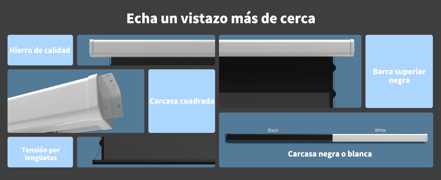 Pantalla de proyección motorizada inteligente tensada Wupro Cinema QuadraArc, disponible con carcasa blanca y negra.