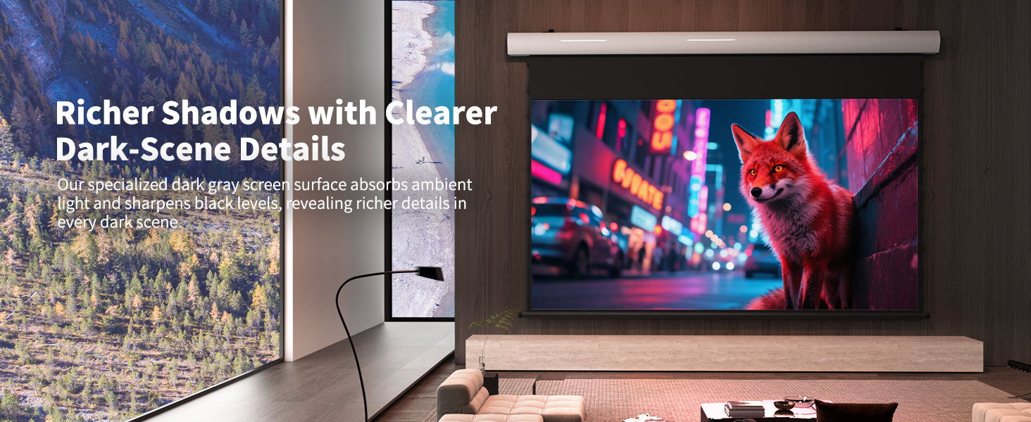 WUPRO Cinema FlowArc Luxury Black crystal Anti-ambient light Motorized Drop Down Projector Screen For Long Throw  Black level performance excellence