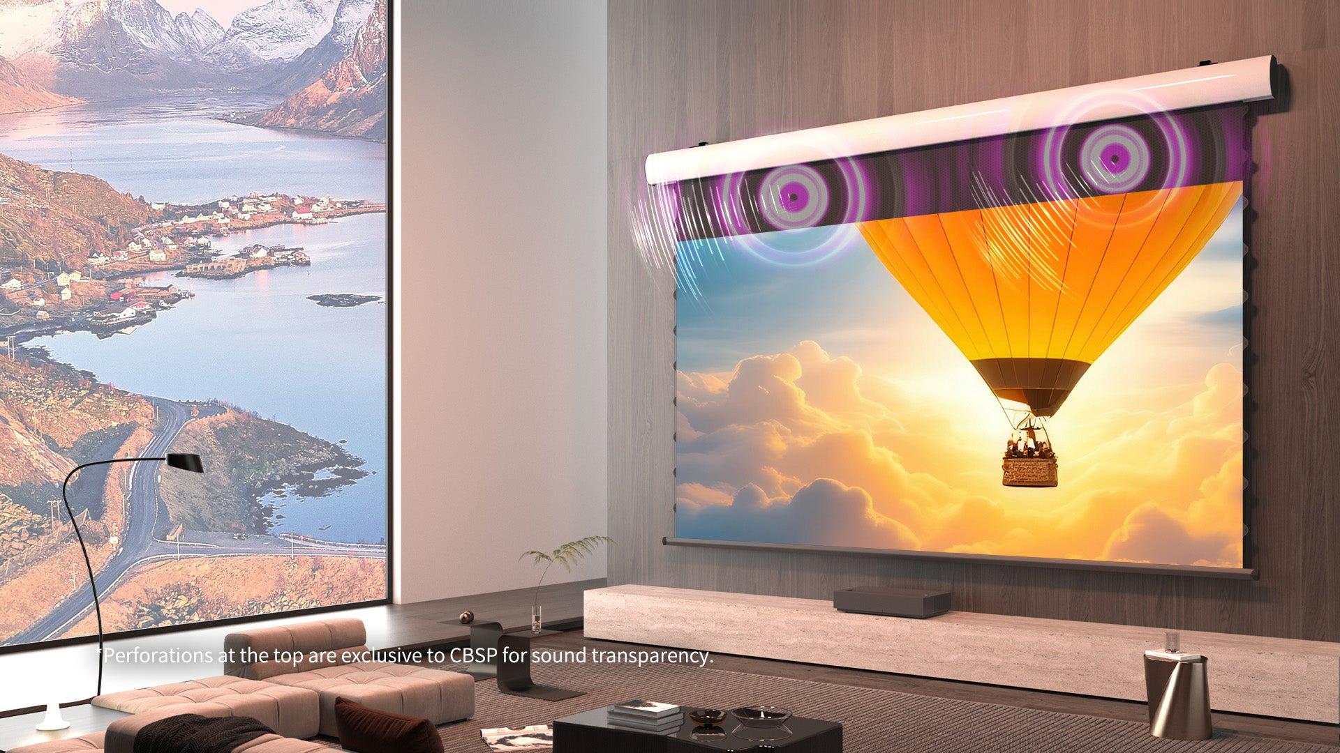 WUPRO Cinema FlowArc Luxury CBSP Smart ALR CLR Motorised Drop Down Projector Screen,Micro-perforated Acoustic Bar,3D Surround Sound