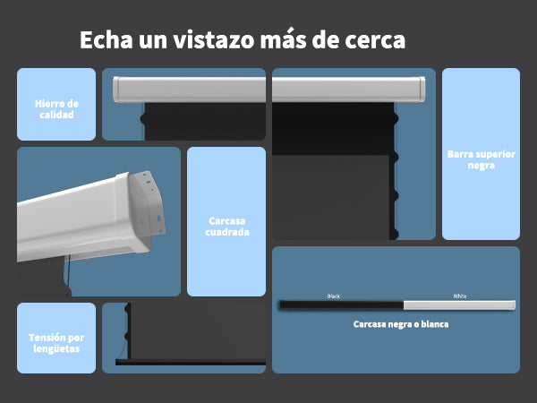 Pantalla de proyección motorizada inteligente tensada Wupro Cinema QuadraArc, disponible con carcasa blanca y negra.
