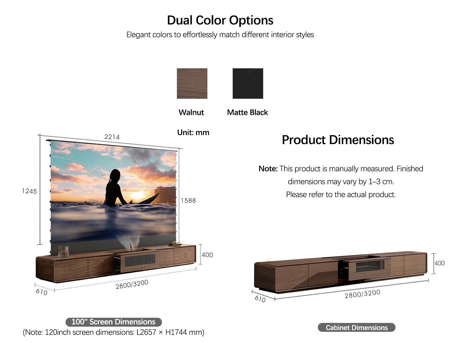 100–130-inch NIKOHOME Phantom5 Masterpiece Series Walnut Solid Wood Smart Laser TV Cabinet for UST Projector – Product Dimensions Display