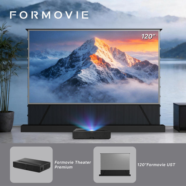 Exclusive lowest price bundle: Formovie Theater Premium UST projector with Formovie 120inch UST CLR ALR CBSP floor rising screen