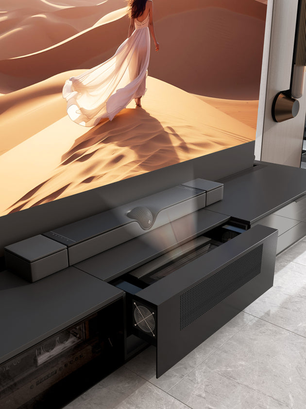 100/120inch NIKOHOME Berlin1 Masterpiece Series Lacquer-free Solid wood  Smart Laser TV Cabinet For UST Projector- Black, glass cabinet door version