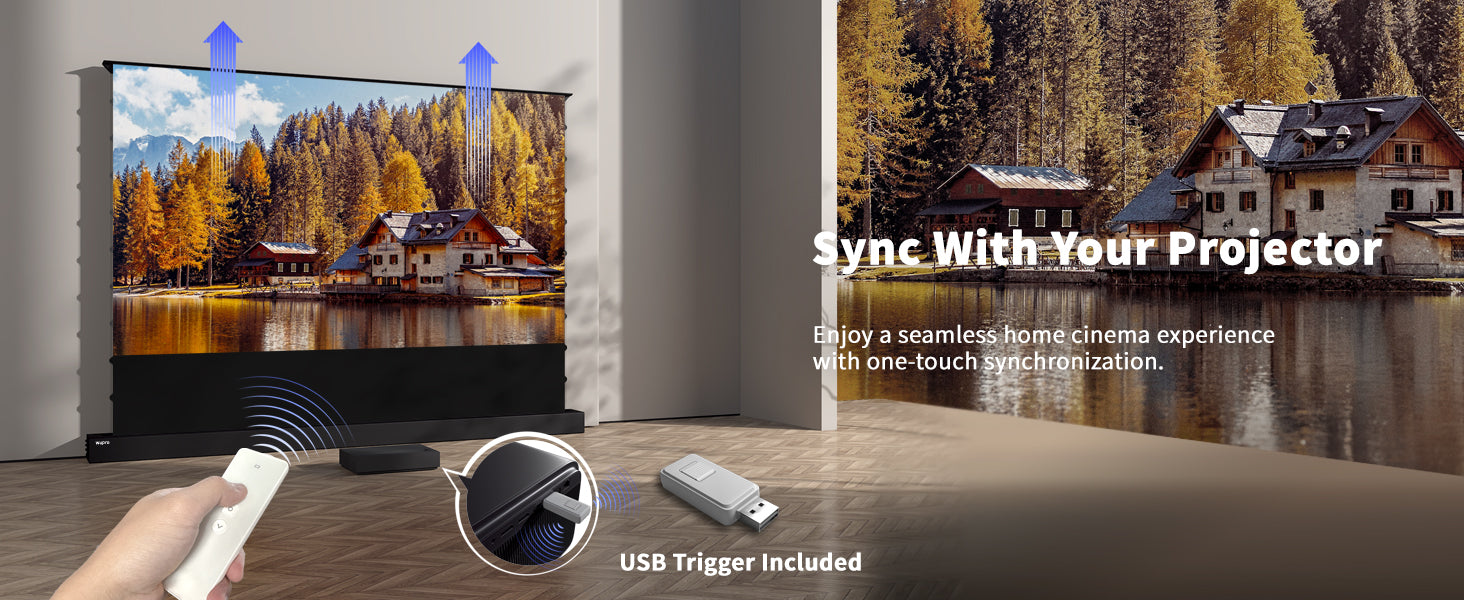 150" WUPRO Cinema UST CLR floor rising screen  with USB trigger ,Enjoy a seamless home cinema experience with one-touch synchronization