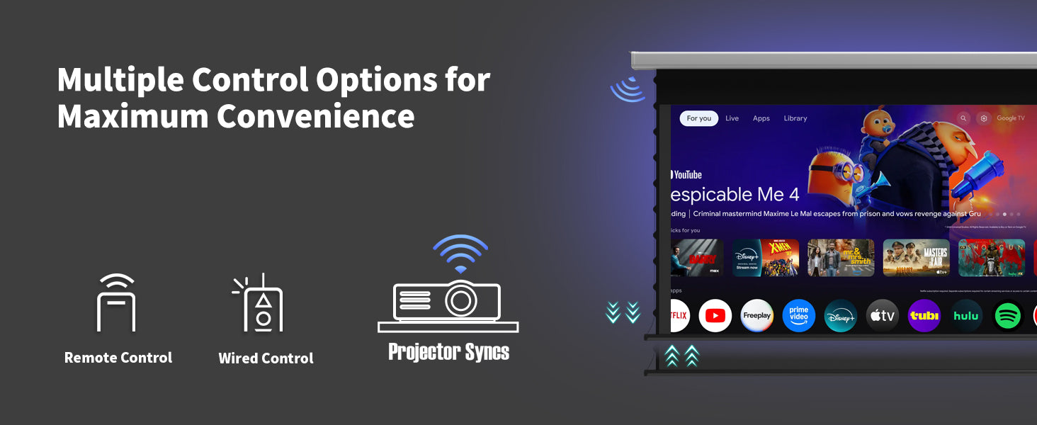 Wupro Cinema QuadraArc Tensioned Smart Motorized Drop Down Projector Screen——Multiple control methods