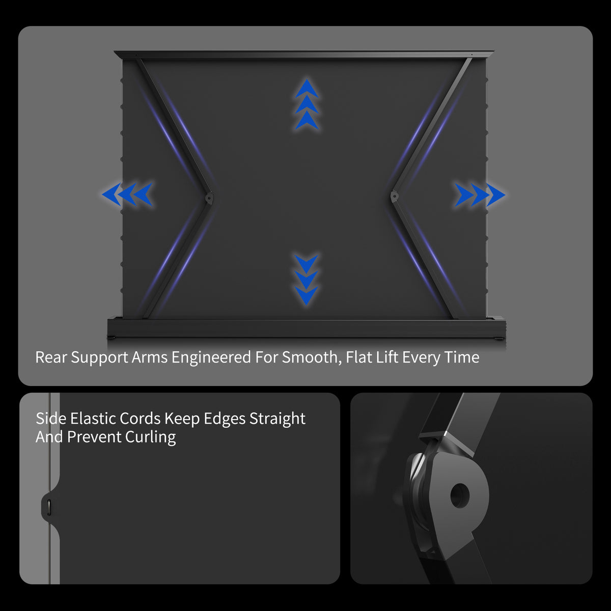 WUPRO Cinema LeApex floor rising screen with stable rear support and wrinkle-free surface via tension cords
