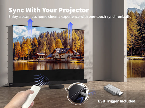 150" WUPRO Cinema UST CLR floor rising screen  with USB trigger ,Enjoy a seamless home cinema experience with one-touch synchronization
