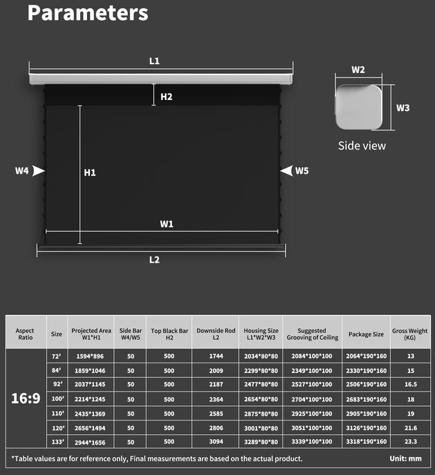 Wupro Cinema QuadraArc Tensioned Smart Motorized Drop Down Projector Screen—Dimension parameter table