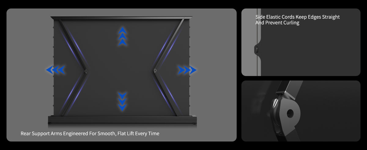 WUPRO Cinema LeApex floor rising screen with stable rear support and wrinkle-free surface via tension cords