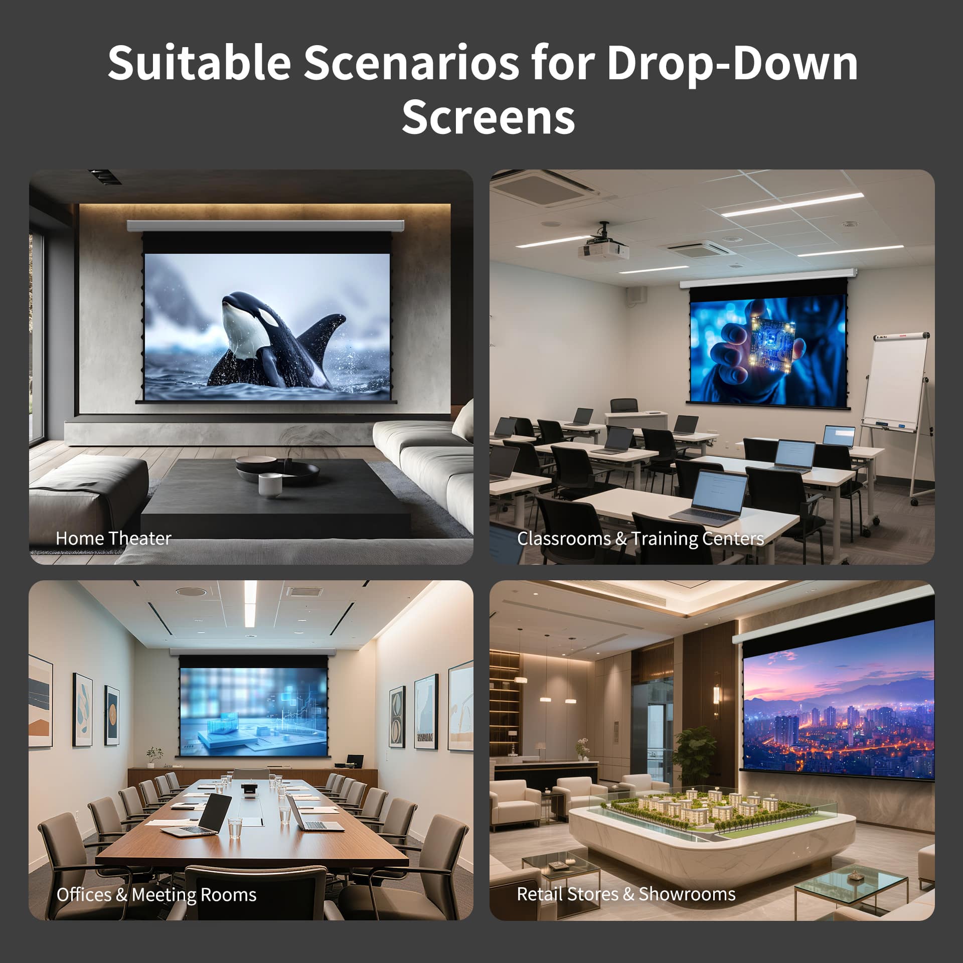 Wupro Cinema QuadraArc Smart Electric Drop-Down Projection Screen Multiple Application Scenarios