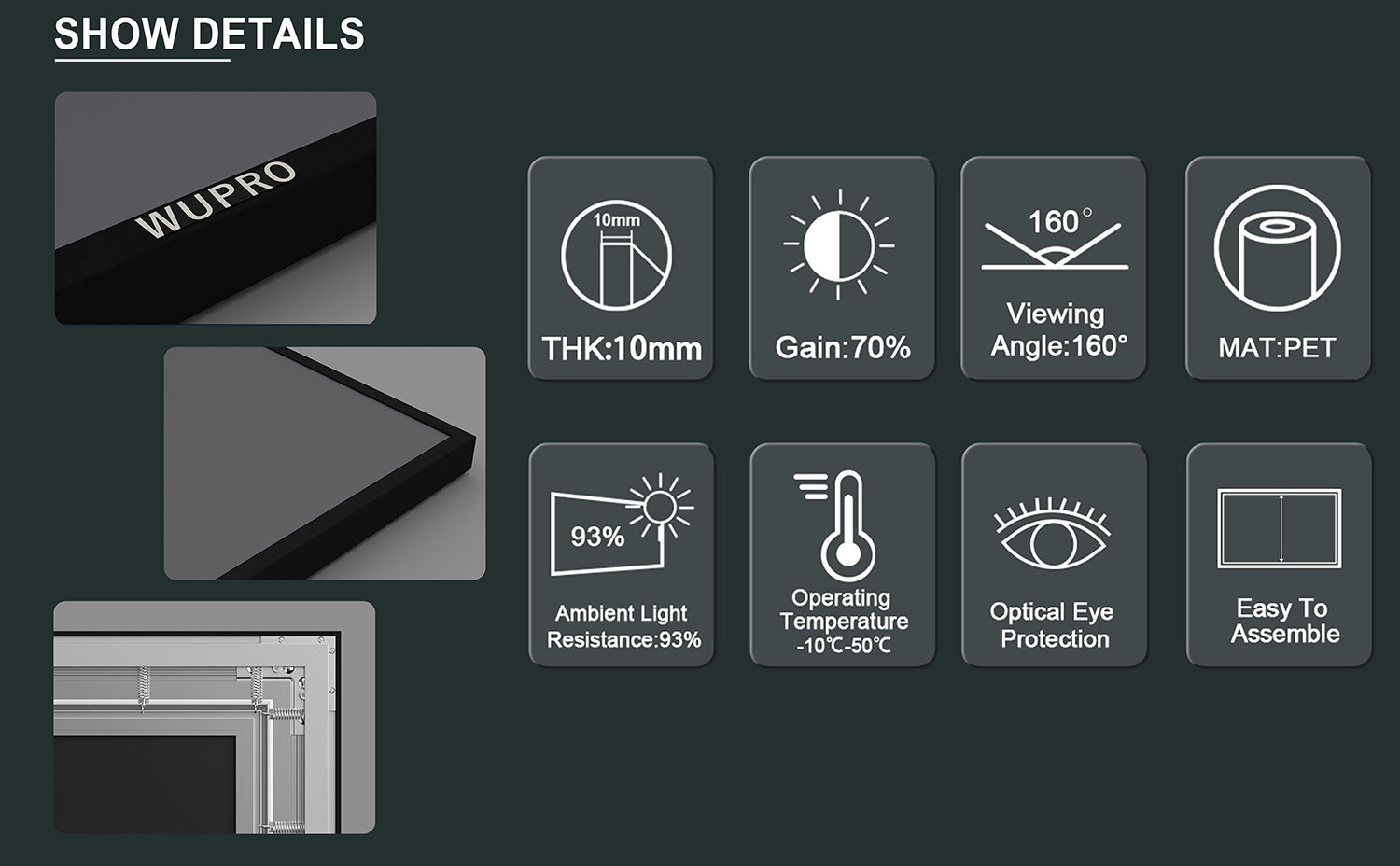 WUPRO BSP Enhance Gain Fixed Frame Projection Screen – 0.7 Gain, 93% Ceiling (Ambient) Light Rejection