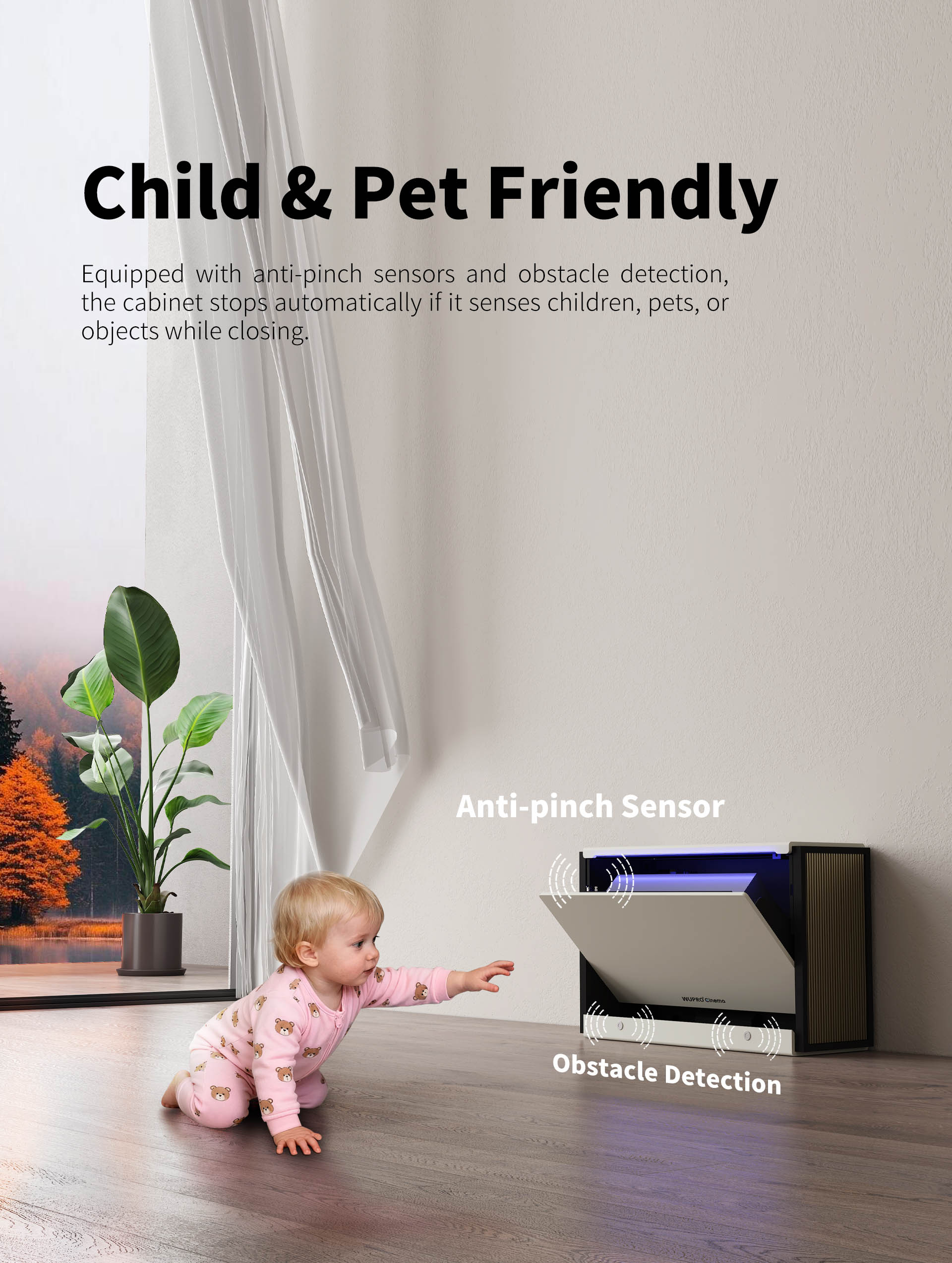 WUPRO Cinema C1 Nano Compact Smart Flip Laser TV Cabinet with Anti-Pinch Sensors and Obstacle Detection for UST Projectors