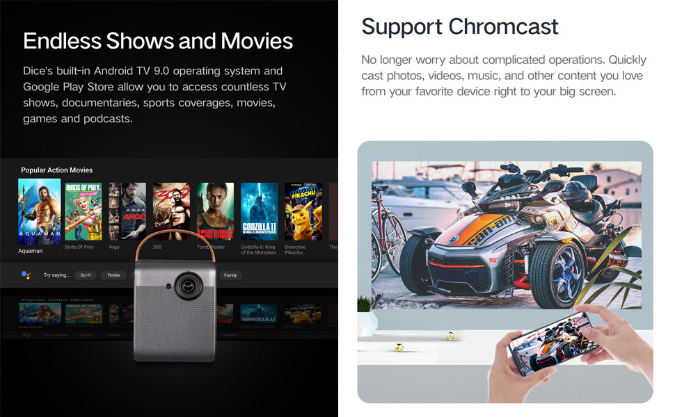 FORMOVIE Dice's built-in Android TV 9.0 operating system;Support Chromcast