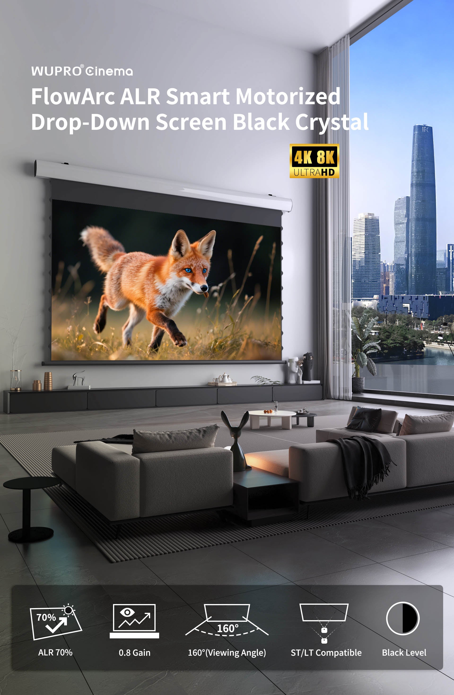 WUPRO Cinema FlowArc Luxury Black crystal Smart Motorized Drop Down Projector Screen For Long Throw 