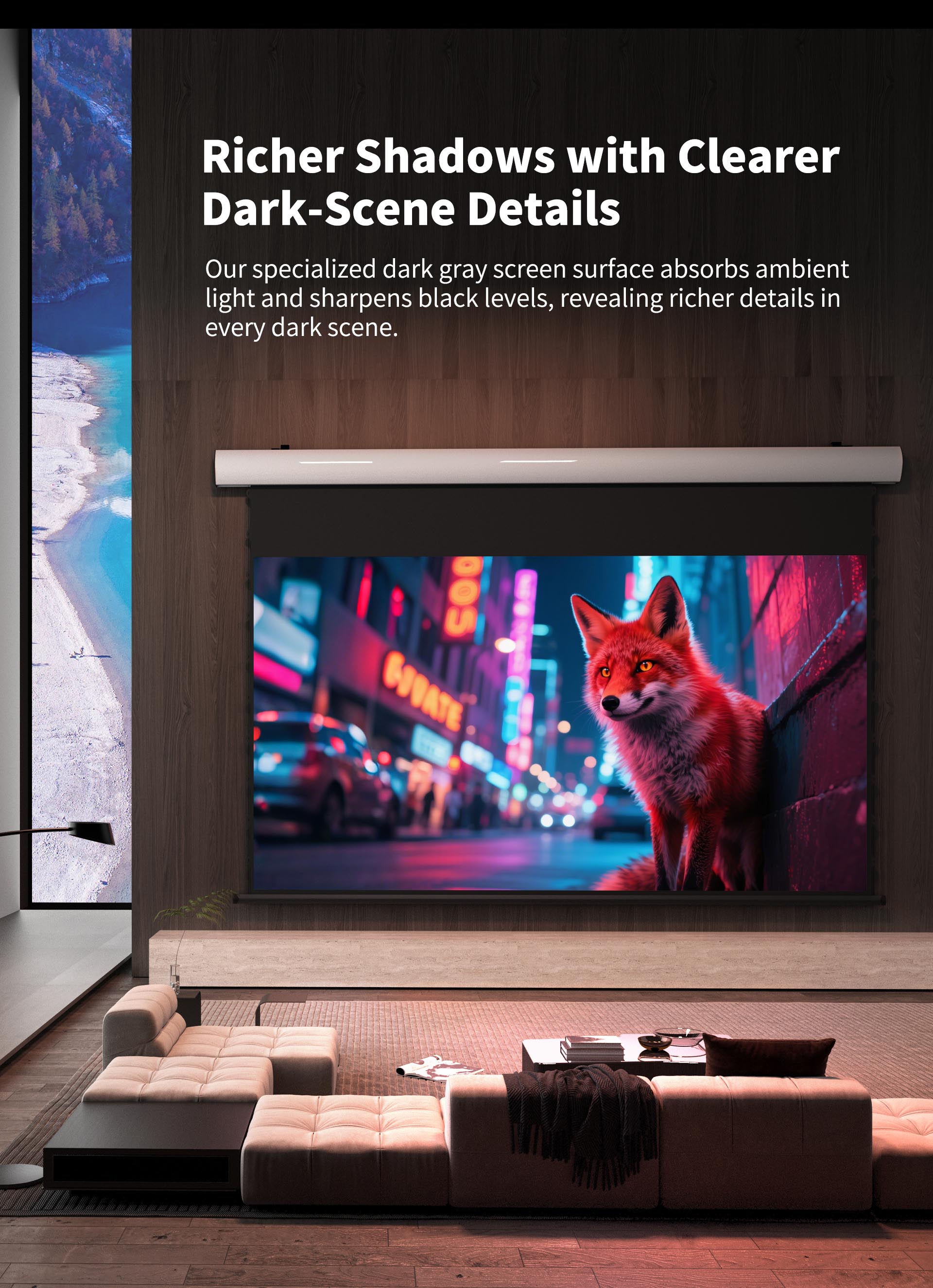 WUPRO Cinema FlowArc Luxury Black crystal Anti-ambient light Motorized Drop Down Projector Screen For Long Throw  Black level performance excellence