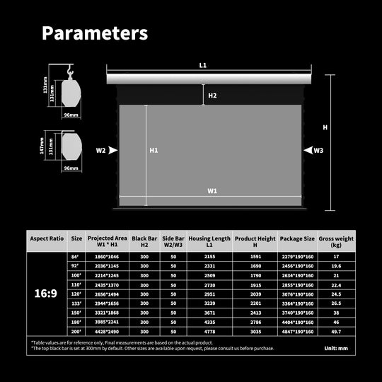 WUPRO Cinema FlowArc Luxury Smart Motorized Drop Down Projector Screen,size chart