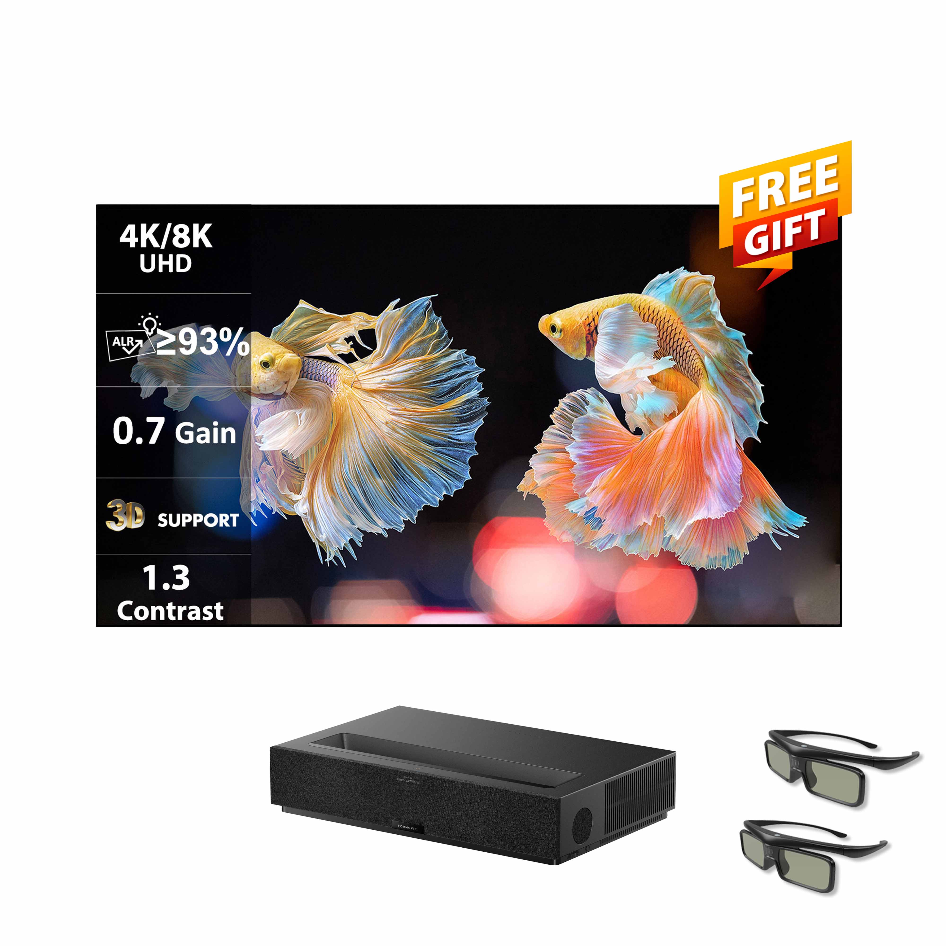 WUPRO BUY Black Friday bundle – Buy Formovie Theater Premium Laser TV and get a free 100" BSP ust fixed frame screen + 2× 3D glasses
