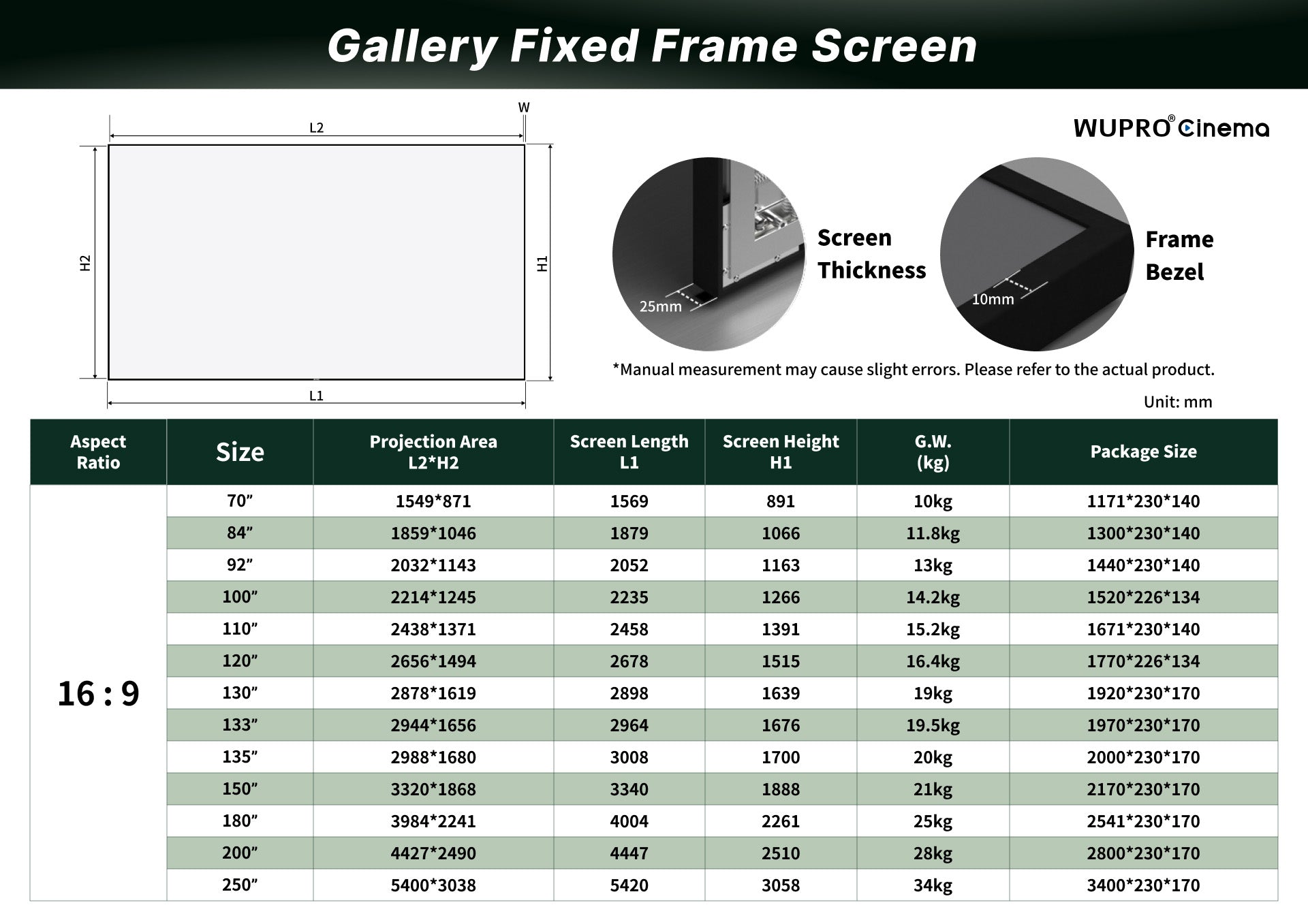 WUPRO BUY Gallery Soft White Matt Fixed Frame Screen Specification Sheet