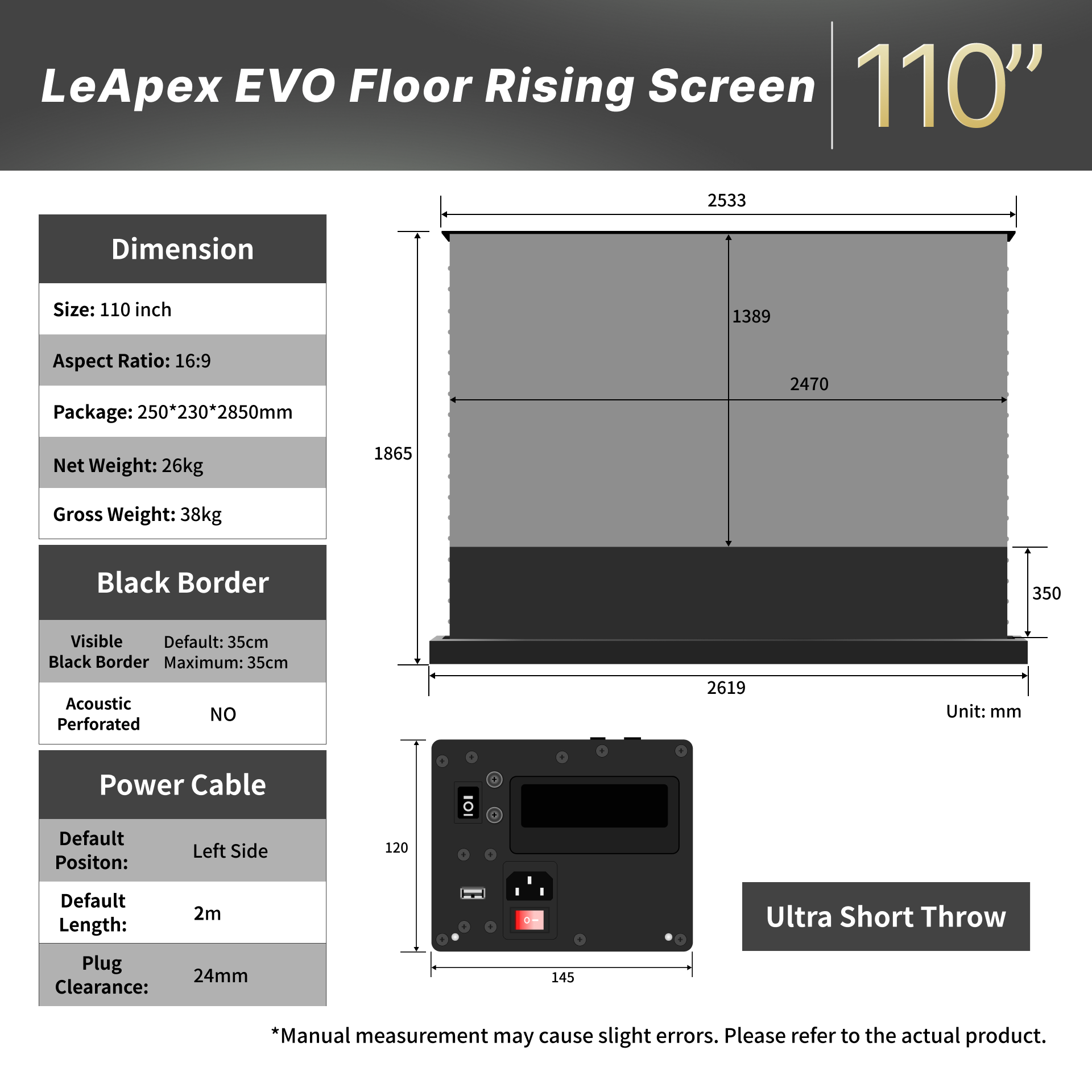 WUPRO LeApex EVO CBSP 110" Size Dimensions Diagram – CLR ALR UST Floor Rising Projector Screen Specifications