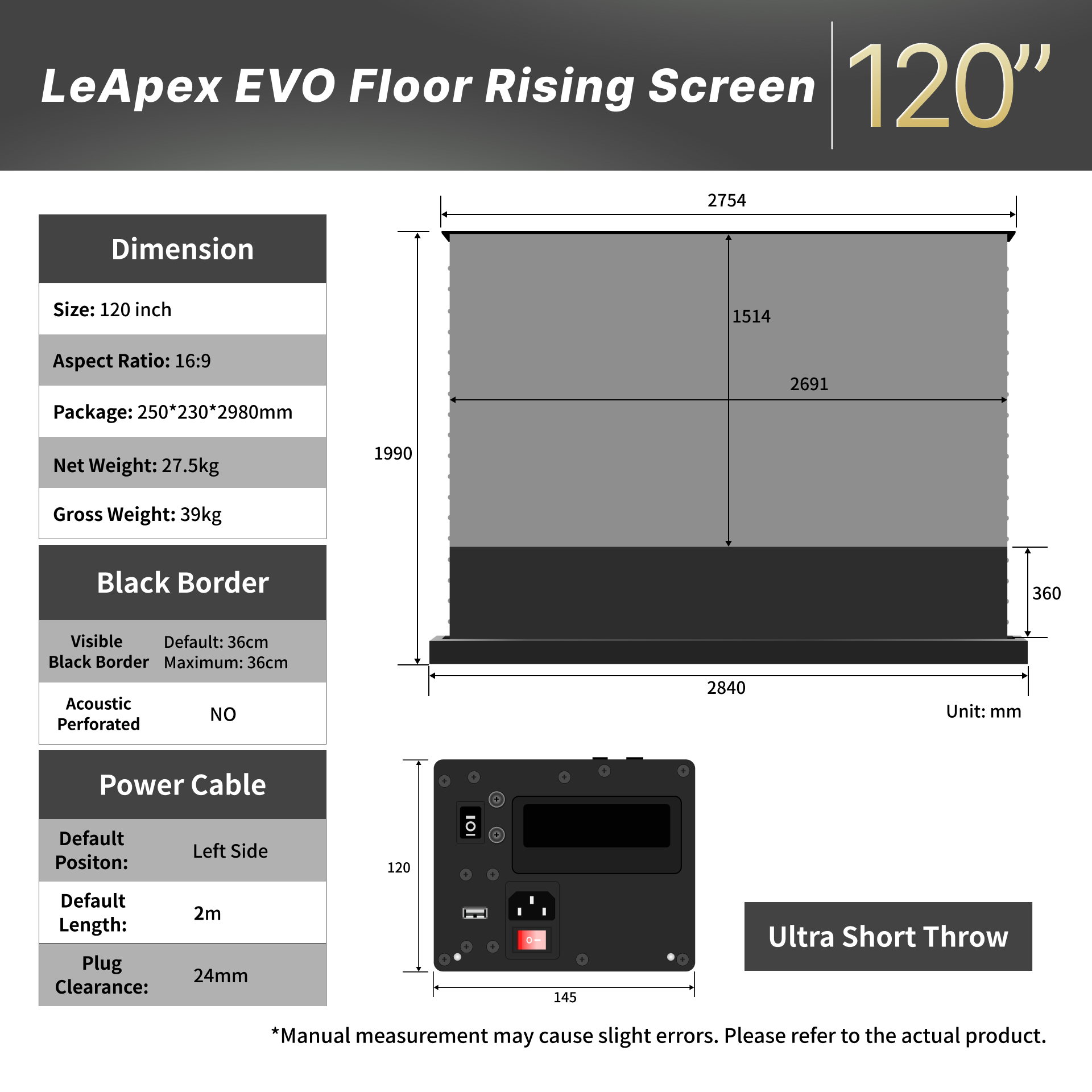 WUPRO LeApex EVO CBSP 120" Size Dimensions Diagram – CLR ALR UST Floor Rising Projector Screen Specifications