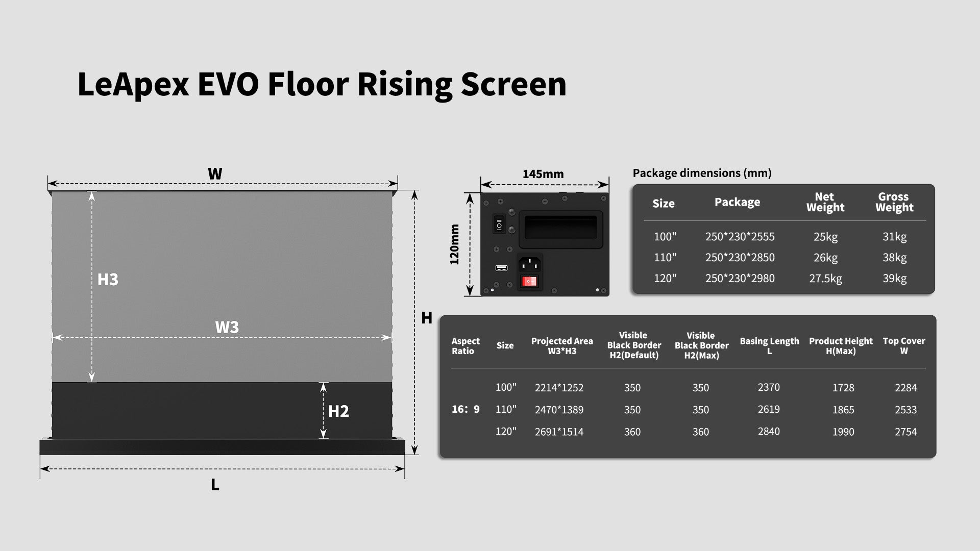 WUPRO LeApex EVO CBSP High Contrast CLR ALR UST Smart Motorized Floor Rising Screen – Dimensions Diagram