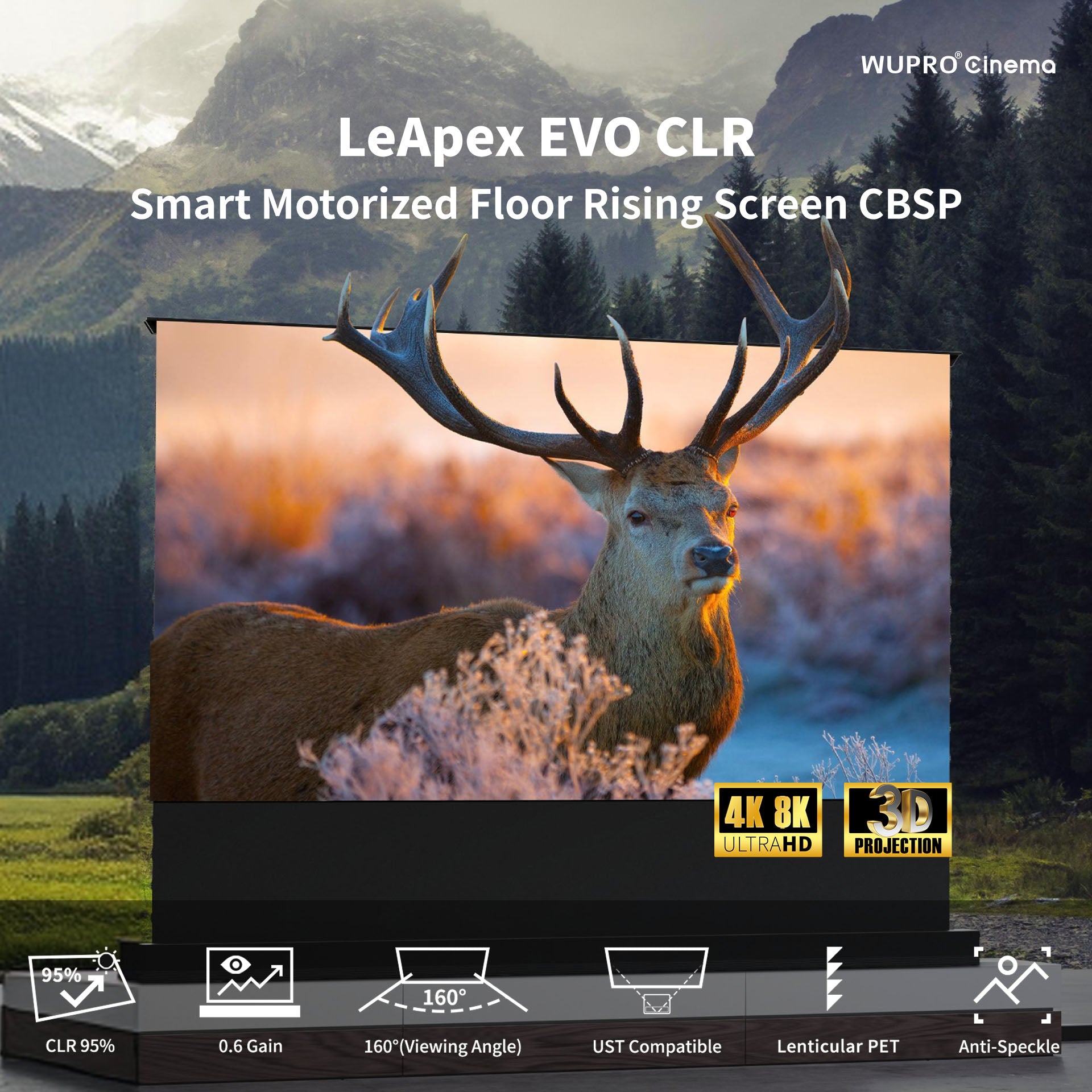 WUPRO LeApex EVO Smart CBSP Motorized Floor Rising CLR ALR UST Screen, 95% ALR, High Contrast, Anti-Laser Speckle, Quiet, Flat, Safe