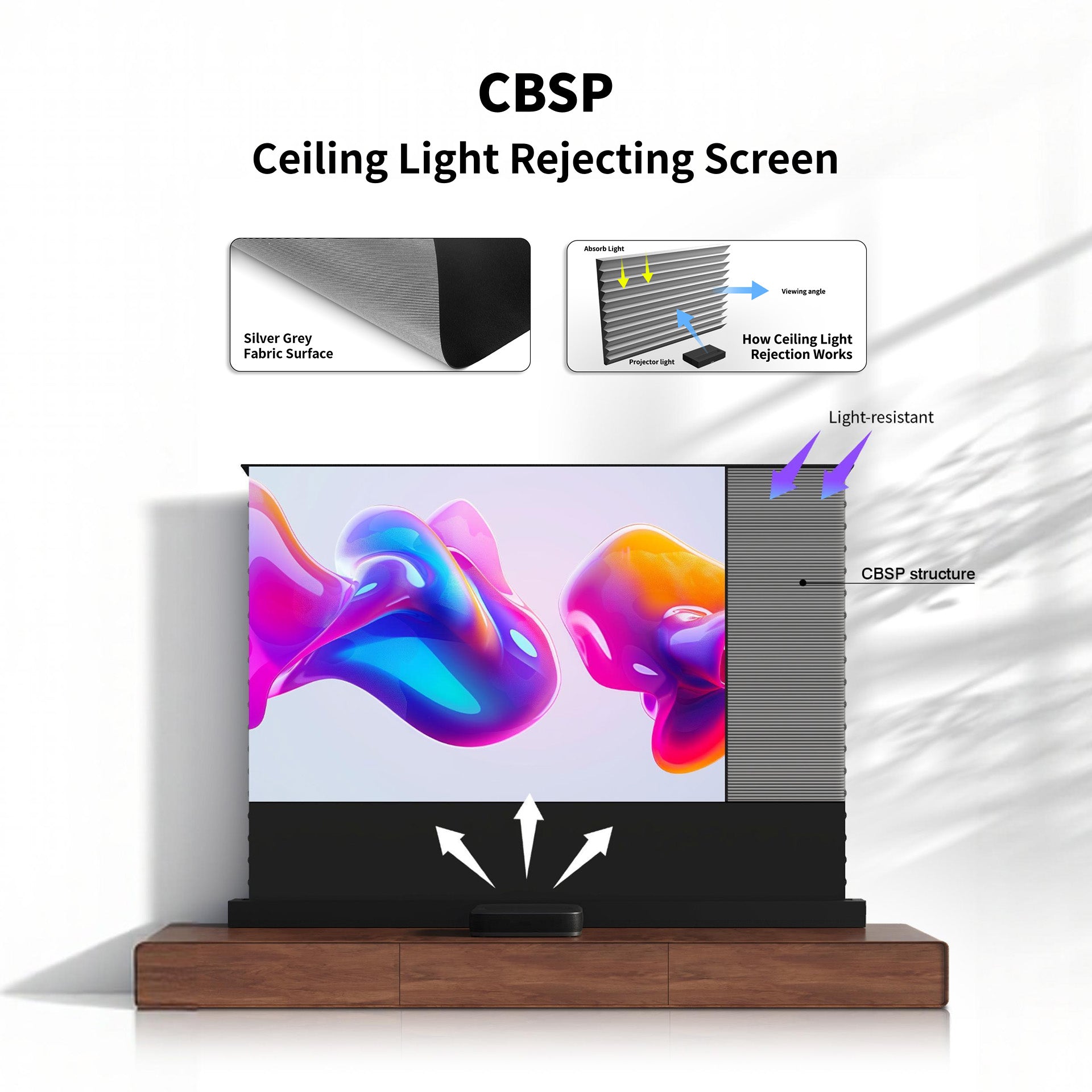 WUPRO LeApex EVO CBSP High Contrast CLR ALR UST Smart Motorized Floor Rising Screen – Premium CBSP Ceiling Light Rejecting Material with 95% Ambient Light Rejection