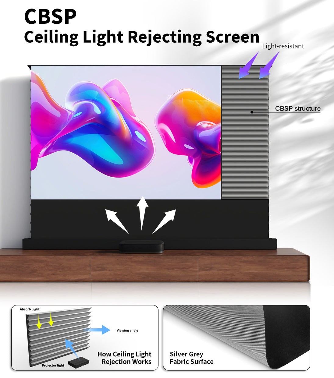 WUPRO LeApex EVO CBSP High Contrast CLR ALR UST Floor Rising Projector Screen with CBSP Ceiling Light Rejecting Material for Superior Contrast and Ambient Light Rejection