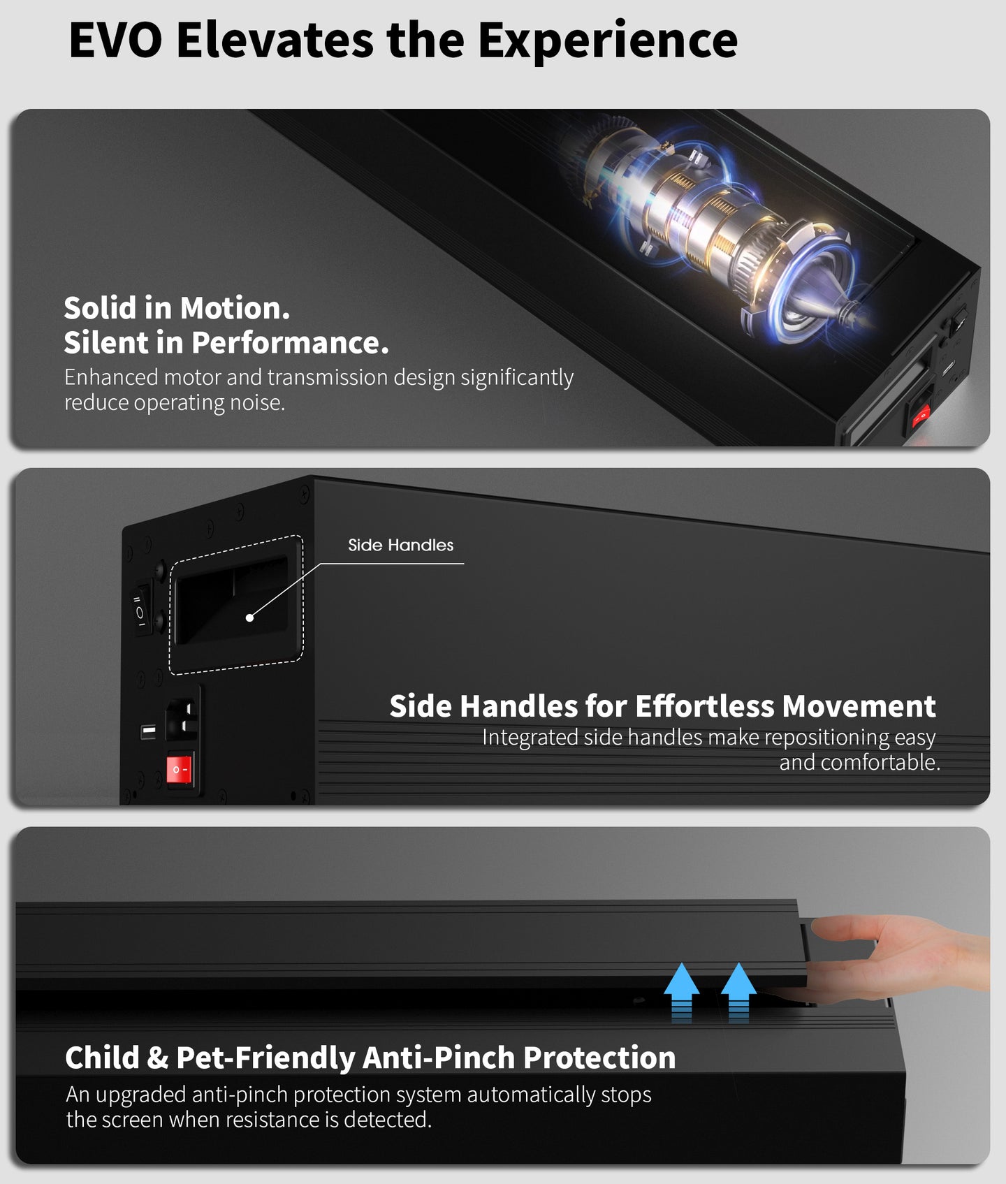 WUPRO LeApex EVO CBSP High Contrast CLR ALR UST Floor Rising Projector Screen – Anti-Pinch Safety Design, Quieter and More Stable Motor, Dual-Side Hidden Portable Handles