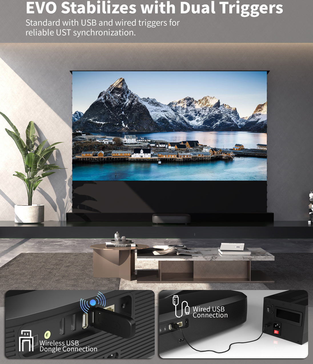 WUPRO LeApex EVO CBSP High Contrast CLR ALR UST Floor Rising Projector Screen – Dual Trigger Sync with Projector: Wired and USB Trigger