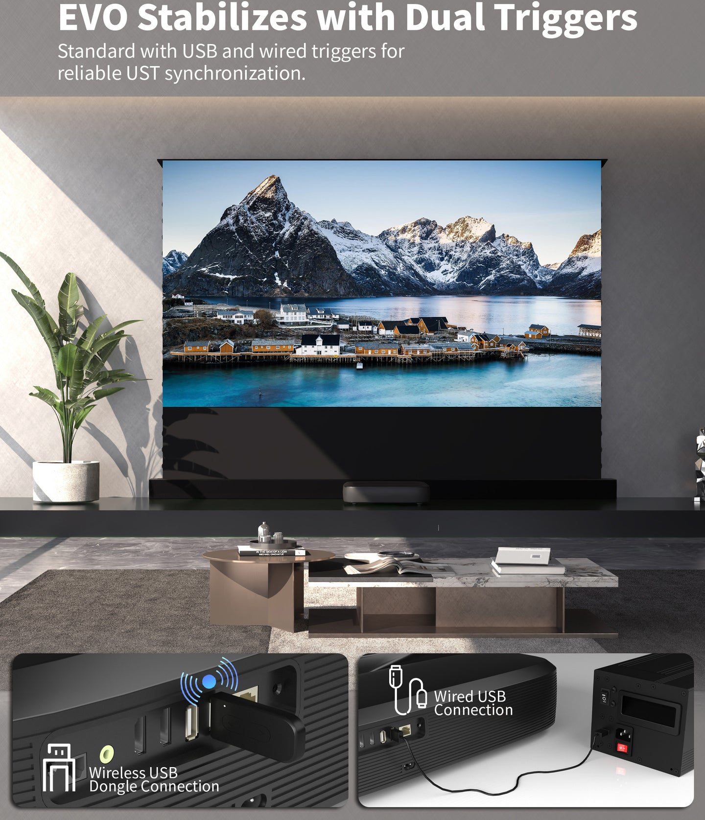 WUPRO LeApex EVO CBSP High Contrast CLR ALR UST Floor Rising Projector Screen – Dual Trigger Sync with Projector: Wired and USB Trigger