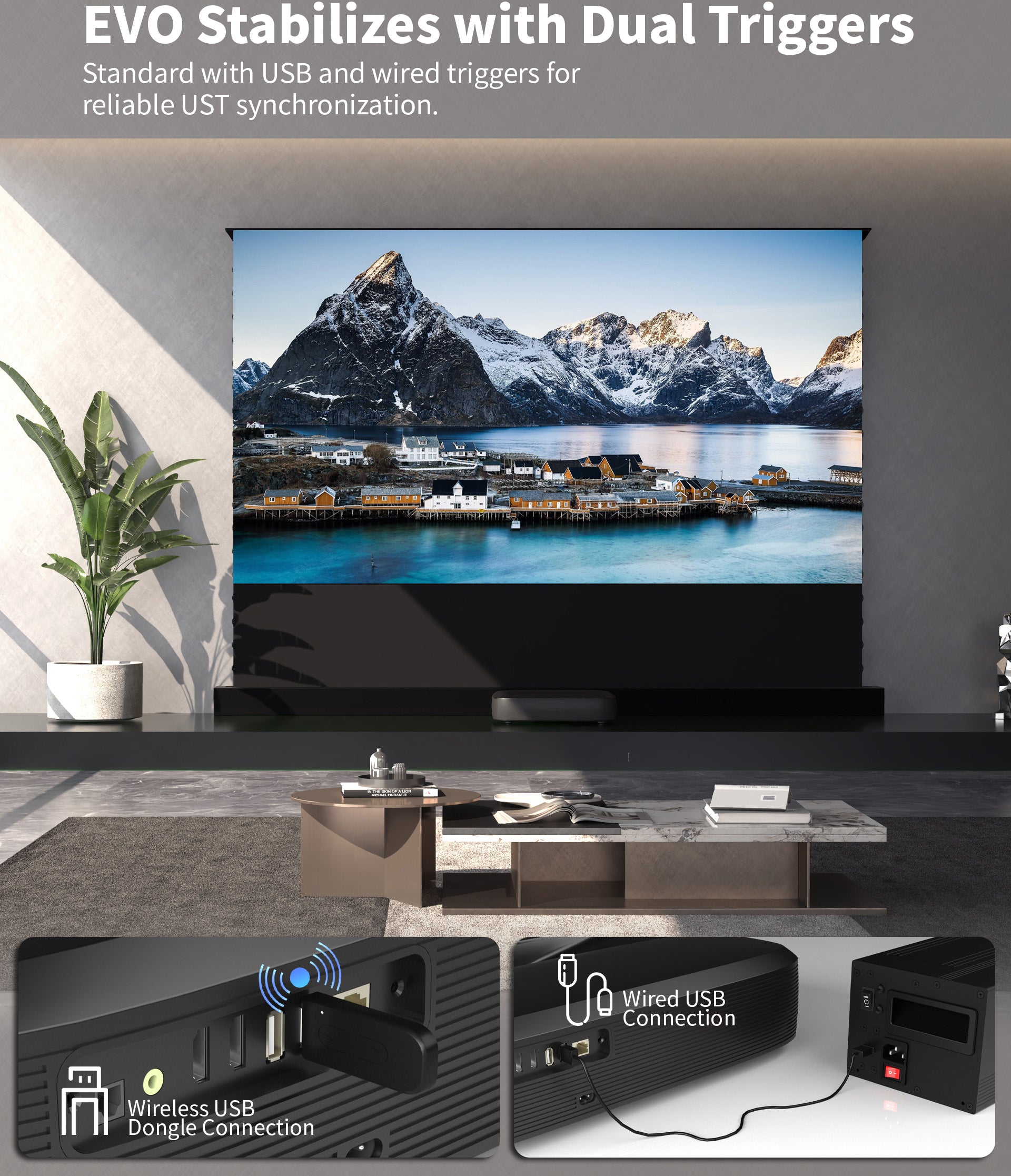 WUPRO LeApex EVO CBSP High Contrast CLR ALR UST Floor Rising Projector Screen – Dual Trigger Sync with Projector: Wired and USB Trigger