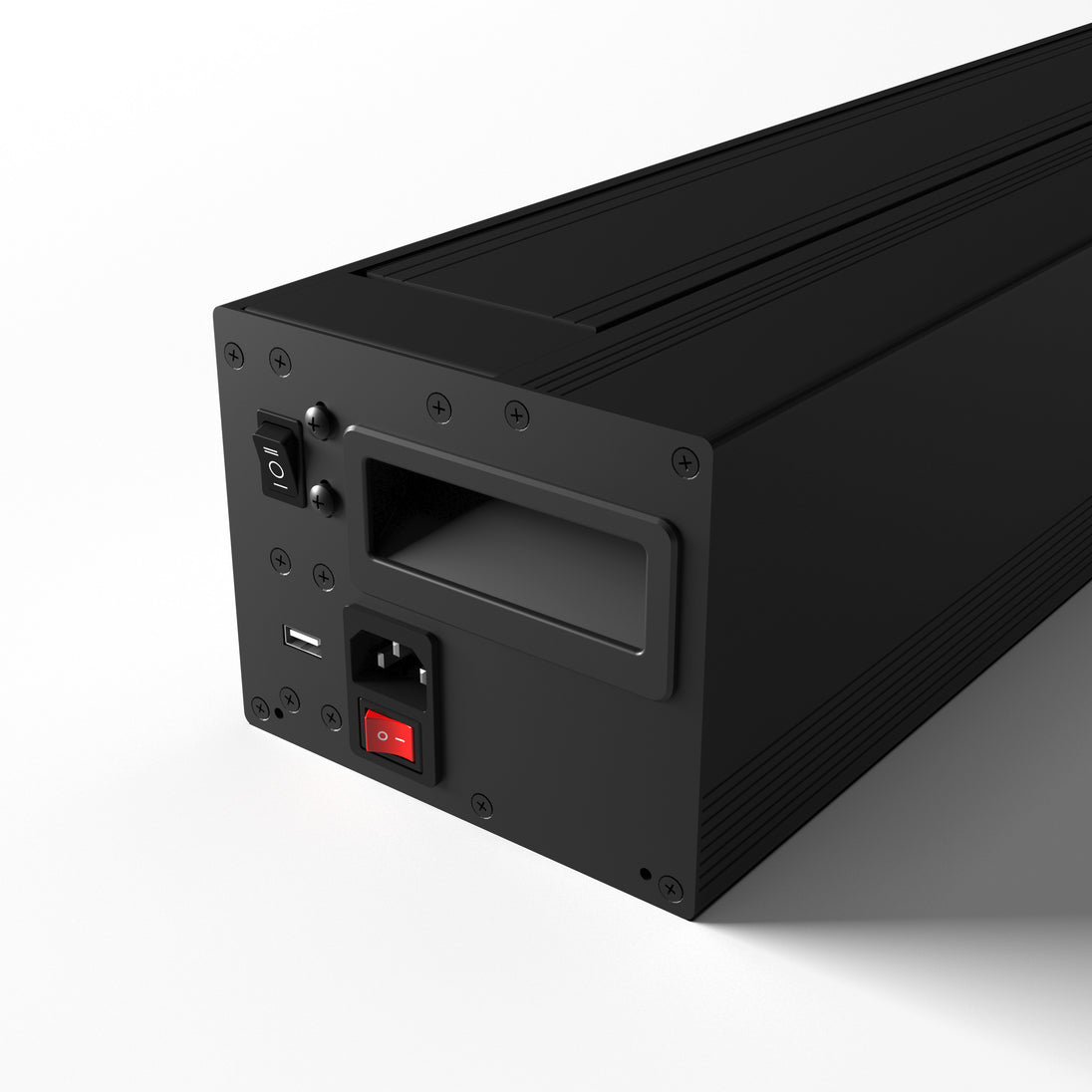 WUPRO LeApex EVO CBSP High Contrast CLR ALR UST Floor Rising Projector Screen with Black Housing Left Side Power Socket Detail with Portable Handle Design