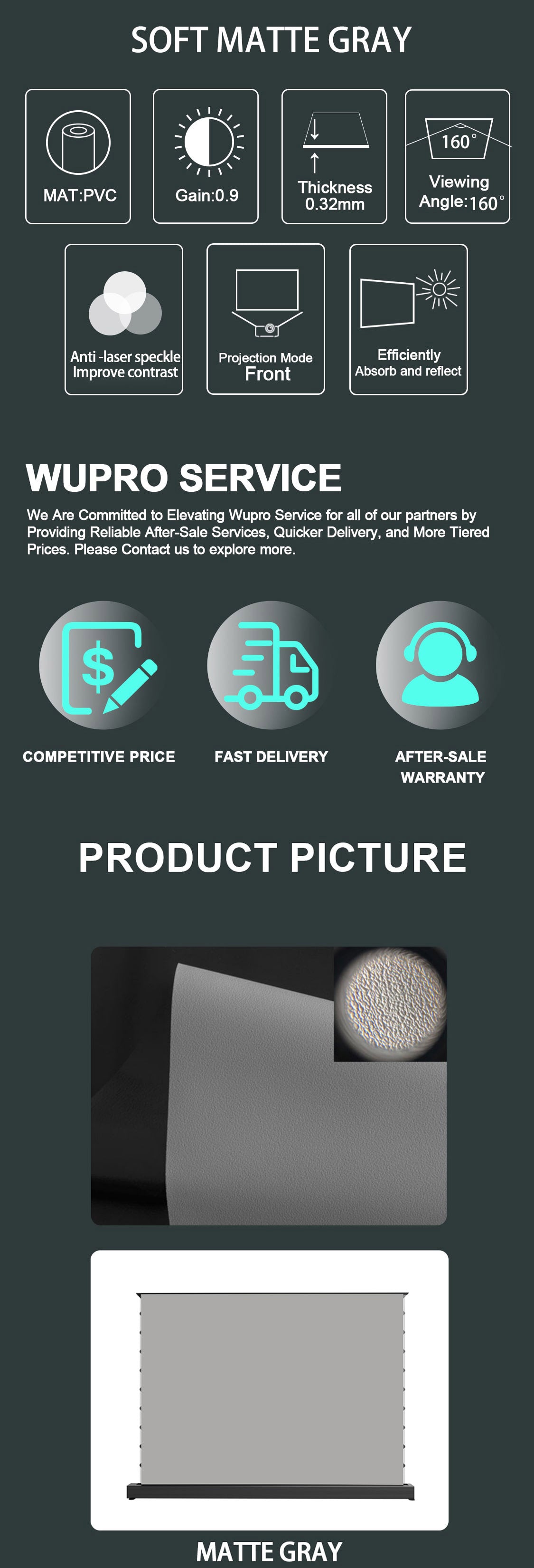 WUPRO Cinema LeApex Soft Gray Matte Floor Rising Screen, 0.9 gain projection screen with optimal balance of black levels and reduced laser speckle, high color accuracy, rich colors, compatible with all projector types