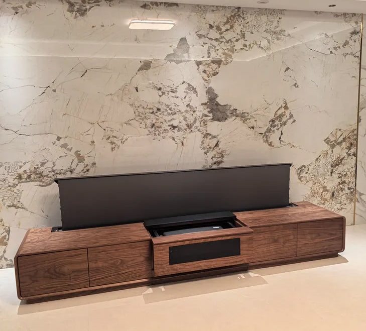 NIKOHOME Phantom5 Masterpiece Series Walnut Solid Wood Smart Laser TV Cabinet for UST Projector – Actual Product Photos