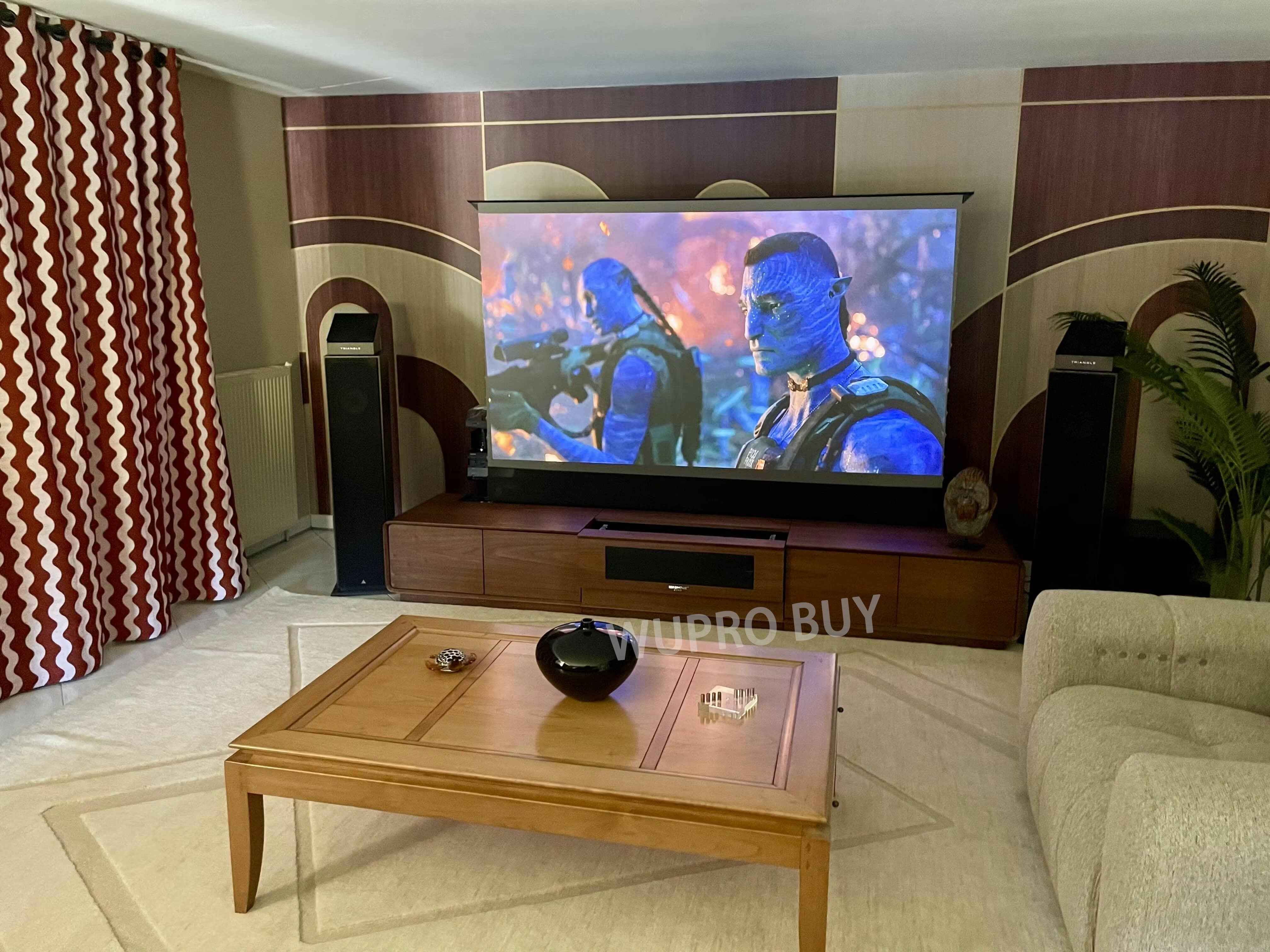 100 inch NIKOHOME Phantom5 Masterpiece Series Walnut Smart Laser TV Cabinet with 100 inch LeApex CBSP UST Floor Rising Screen – WUPROBUY customer real-life setup