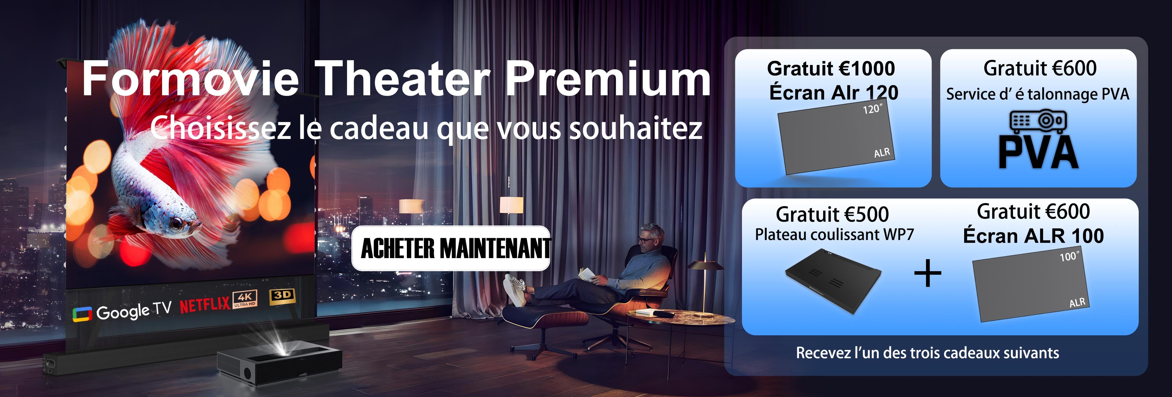 Achetez Formovie Theater Premium chez WUPRO BUY et recevez 1 cadeau d'une valeur de 1000€. (écran alr 120 pouces ou service de calibration PVA ou WP7 Slider Tray + 100inch ALR Screen)