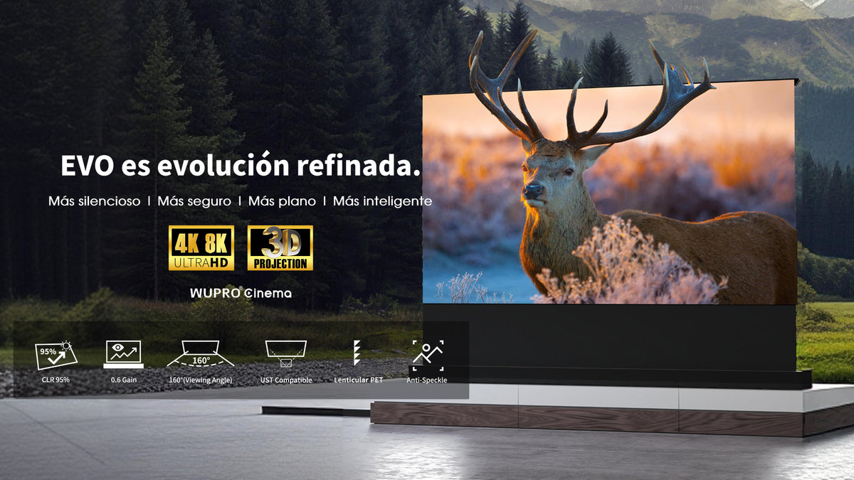 Pantalla ALR UST motorizada de suelo WUPRO LeApex EVO con 95 % de rechazo de luz del techo y ángulo de visión de 160°