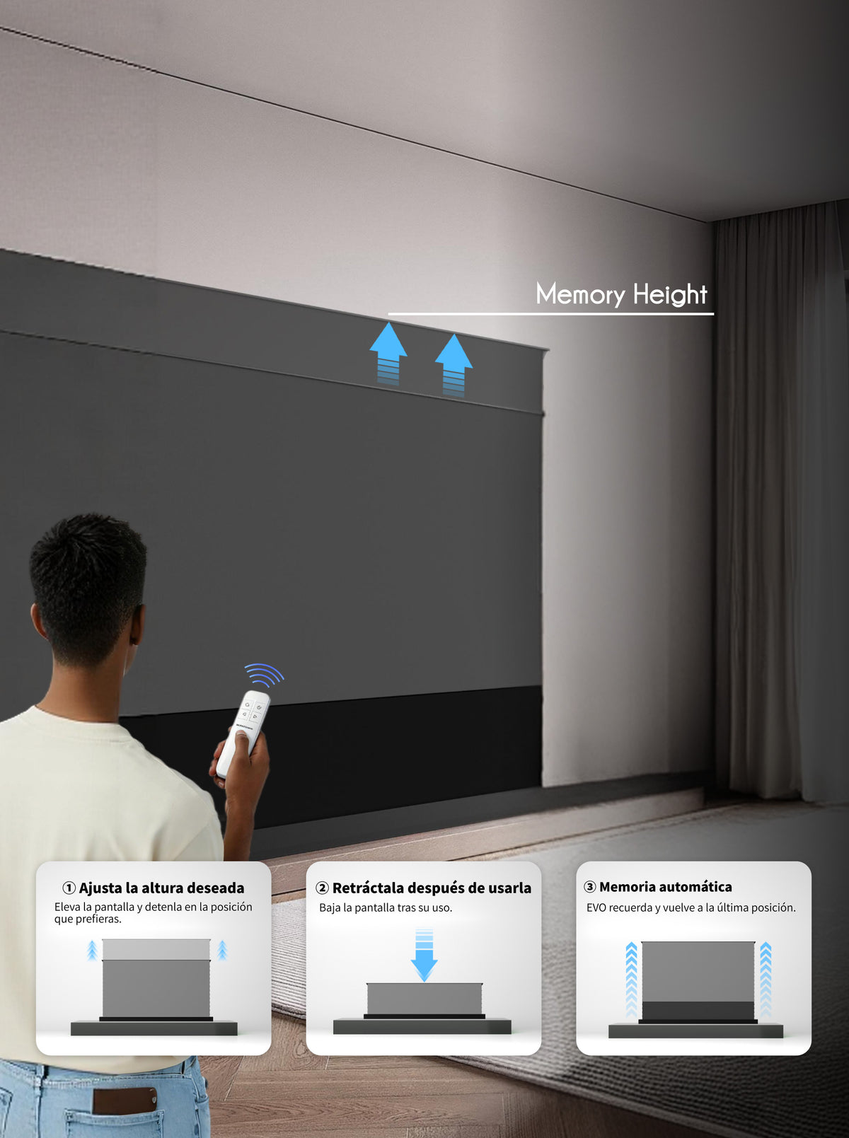 Pantalla motorizada de suelo WUPRO LeApex EVO con memoria automática de la última altura seleccionada