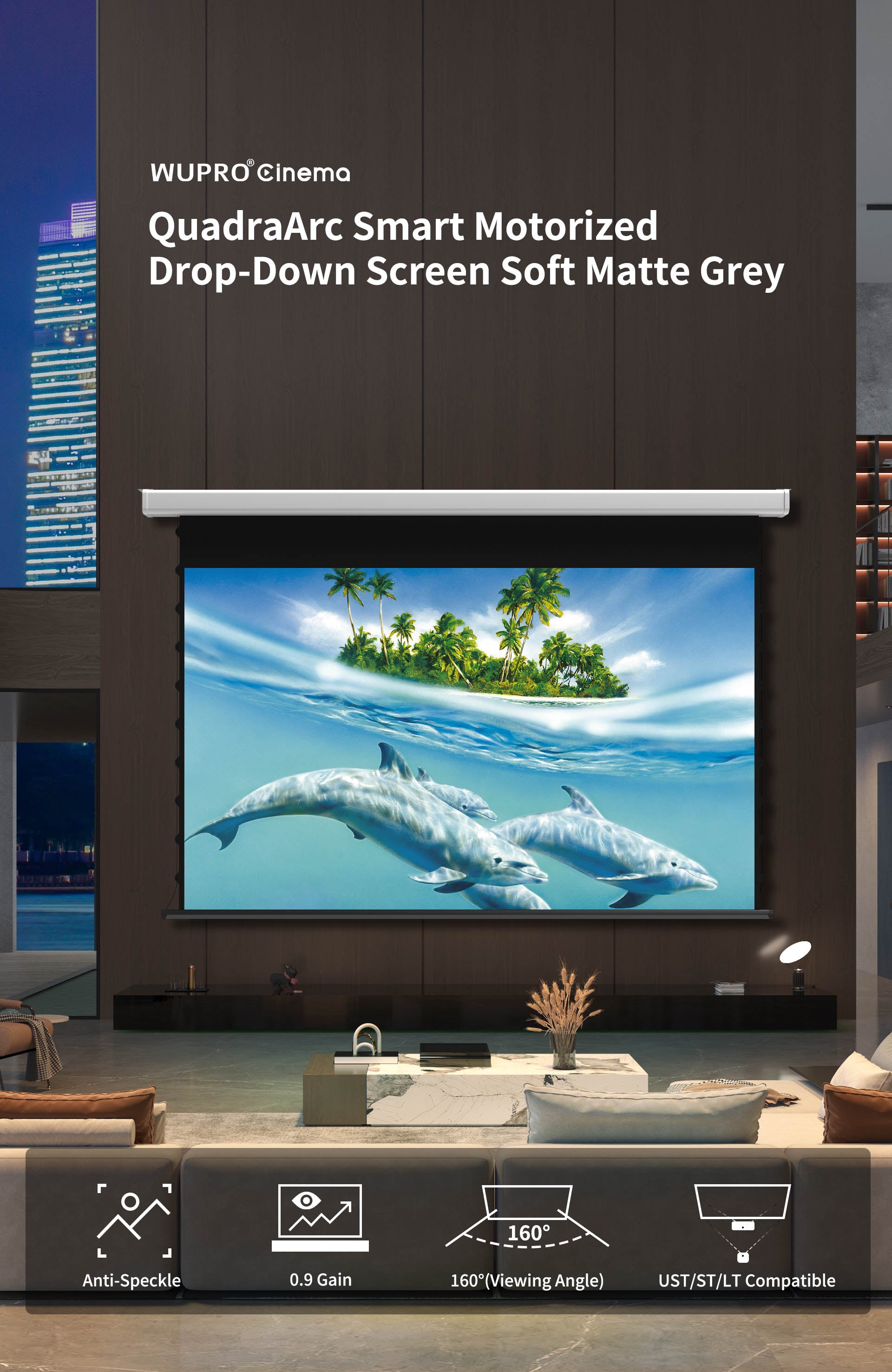 Wupro Cinema QuadraArc Soft matte grey Tensioned Smart Motorized Drop Down Projector Screen Highlights