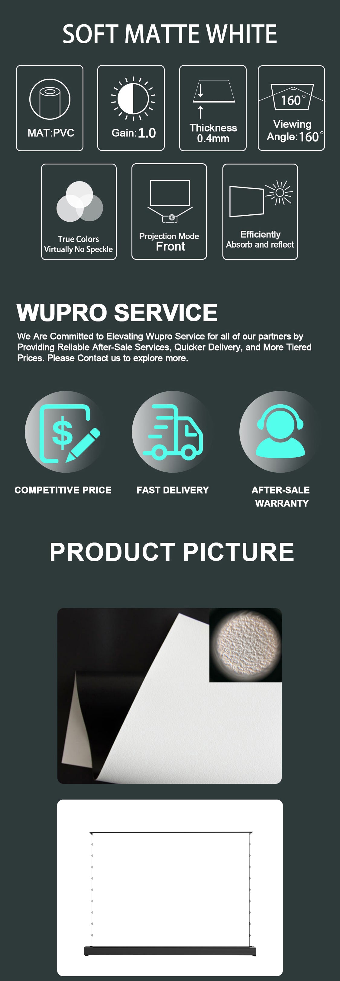 WUPRO Cinema LeApex Soft White Matte Floor Rising Screen, 1.2 gain projection screen for true color reproduction, soft light, comfortable viewing, and virtually no laser speckle,Compatible with all types of projectors