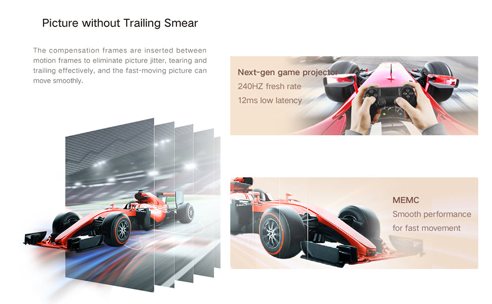 Formovie V10 Projector: Picture without trailing smear, next-gen game projector with 240Hz refresh rate, 12ms low latency, and MEMC for smooth performance during fast movement.